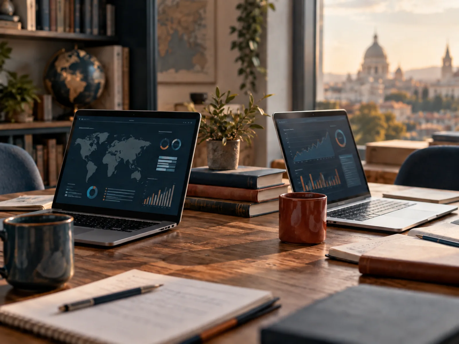 Two laptops with dashboard graphics on a shared desk, overlooking a city skyline