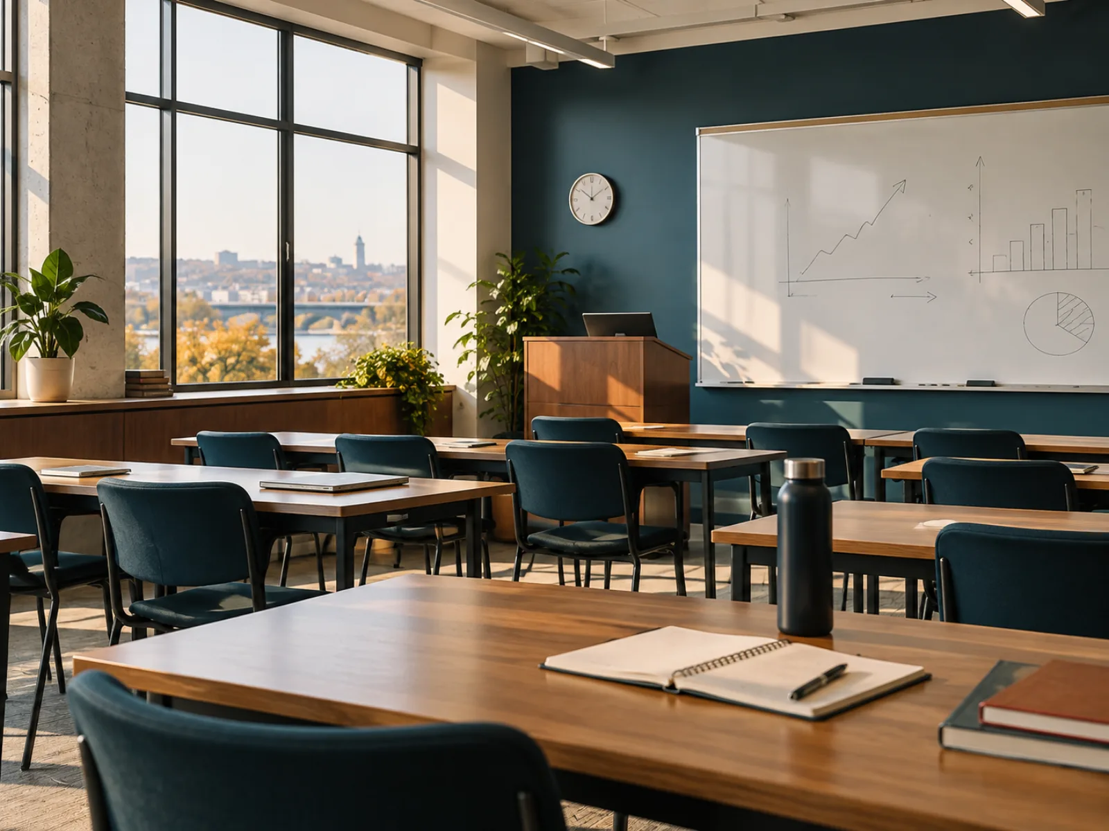 Empty finance training room with a whiteboard and city view