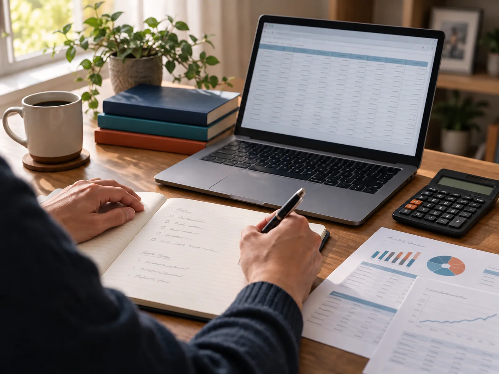 Reviewing financial statements and performance charts at a desk